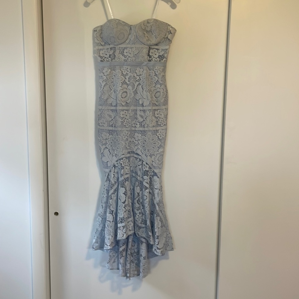 Jarlo strapless lace corset dress with sheer side cutouts and sheer hem, size 6